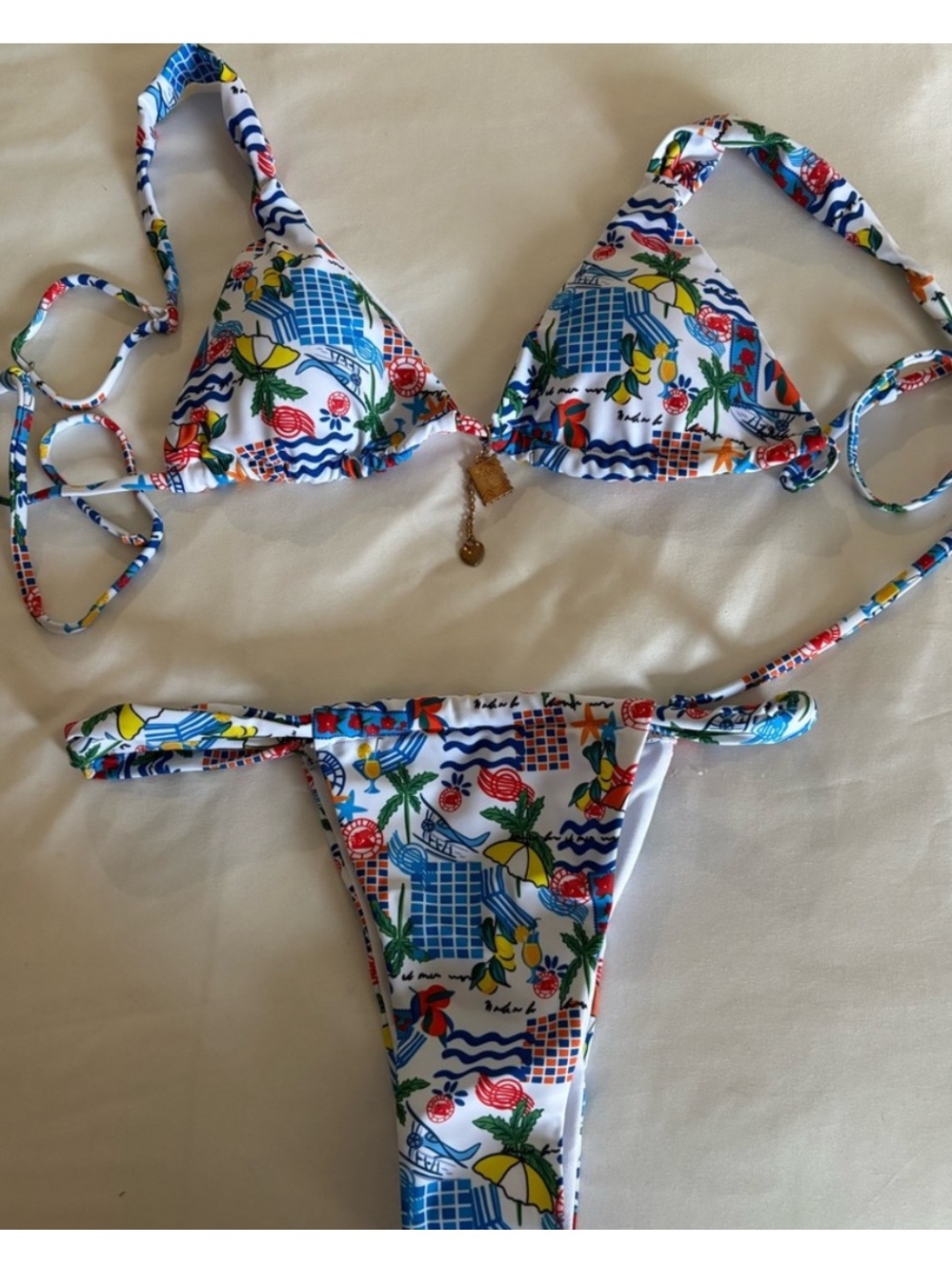 Colorful Floral Print Triangle Bikini Set - White Multi